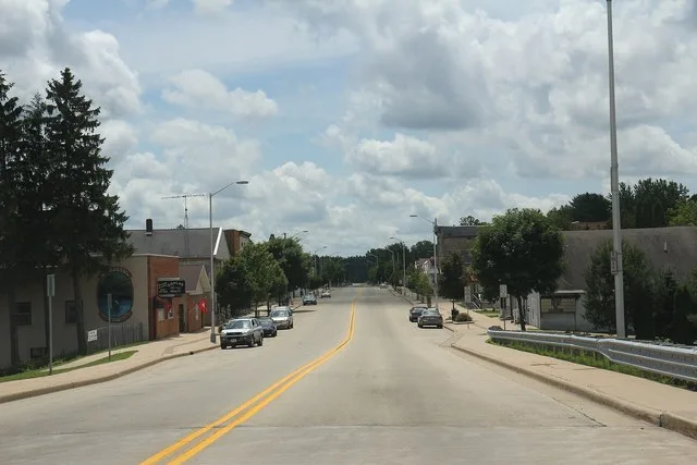 Looking south at downtown w:Neshkoro, Wisconsin on Wisconsin Highway 73.