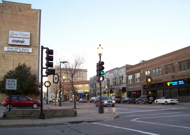 Looking northerly at downtown Oshkosh, Wisconsin, USA at Main Street which is U.S. Highway 45. Cropped from the original.