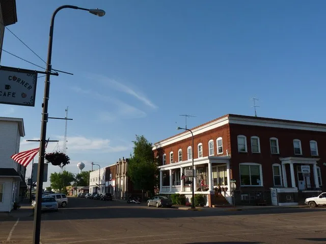 The old downtown of Owen, Wisconsin, looking north on Central Avenue. On the right is the Woodland Hotel, built it 1906 by the John S. Owen lumber company, for which Owen was name...