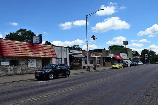 Businesses along Wisconsin Highway 82 in downtown Oxford, Wisconsin .