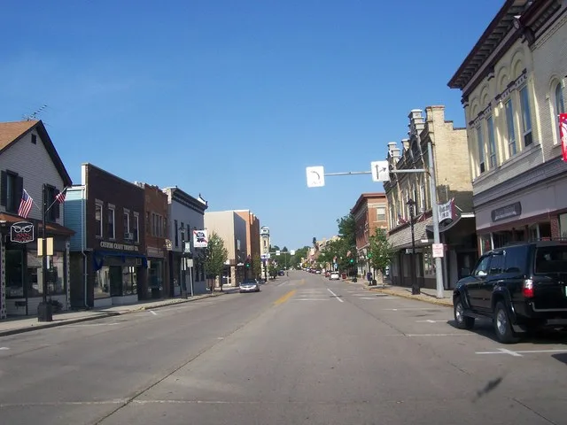 Downtown Plymouth, Wisconsin . Hotel Laack is the second building from the front on the right.