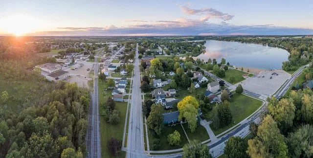 A panoramic view of the Village of Random Lake, Wisconsin. Facing North over Butler St. (Hwy K) at the South entrance to the village.