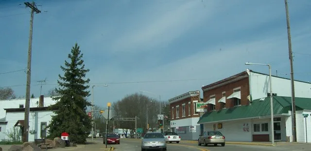 Looking west at downtown w:Redgranite, Wisconsin , USA on w:Wisconsin Highways 21 .