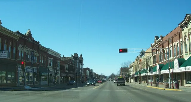 Looking at downtown Reedsburg, Wisconsin, USA while travelling on Wisconsin Highways 23 and 33. Taken March 11, 2007 by myself. Cropped from the original.
