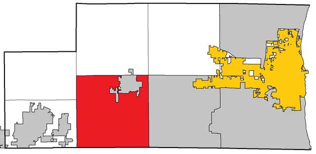 Map of Kenosha County WI, highlighting the village of Salem Lakes, with the county seat in gold, other villages in silver, and towns in white