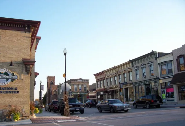Looking east at buildings on Pine St. in the Downtown Historic District in Sheboygan Falls, Wisconsin .