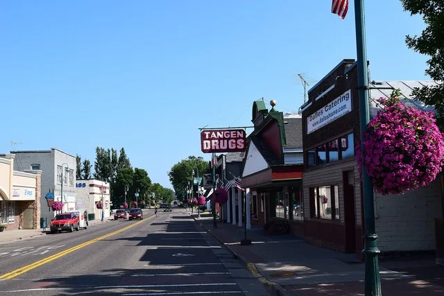 Downtown St. Croix Falls, Wisconsin along Wisconsin Highway 87 .