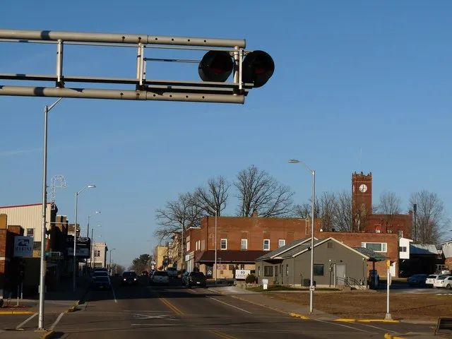 The downtown of Stanley, Wisconsin, facing north from where S Broadway Street crosses the railroad tracks.