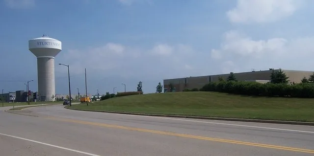 Water tower and distribution warehouse in Sturtevant, Wisconsin.