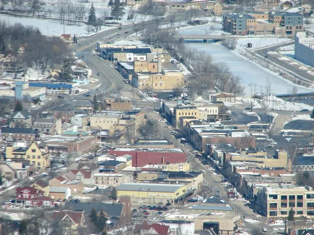 Copyright 2007 Michael j Richter. View of downtown West Bend, Wisconsin. Aerial photo taken on 11 March 2007 from about 2000 feet above sea level looking north.