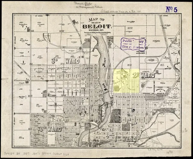 Stadtplan Beloit (Wisconsin) 1887 (gelb markiert: Wheeler Addition mit Eclipse Av. und der Windturbinenfabrik Eclipse)