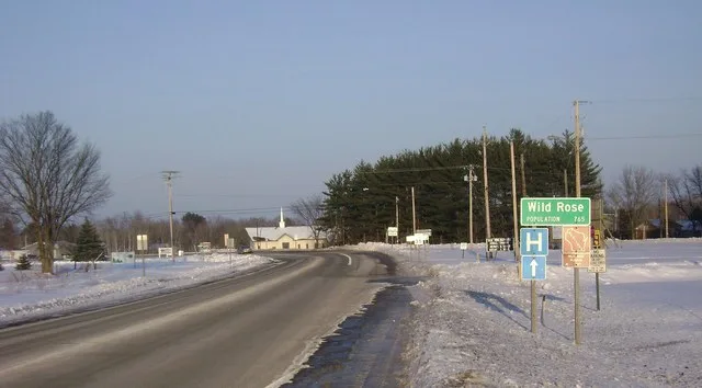 Wild Rose, Wisconsin as seen looking north along Highway 22 .