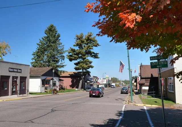 Looking north, up the Main Street of Winter, a village in northern Wisconsin.