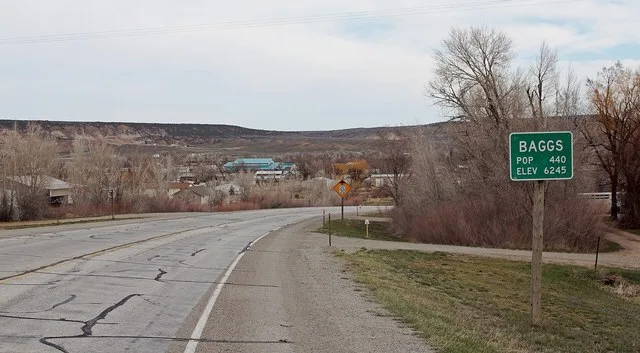 The town of Baggs, Wyoming. The view is looking to the north on Wyoming State Highway 789, entering the town from the south. Baggs is in Carbon County.