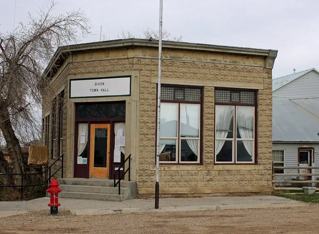 Stockgrowers Bank, located on North 3rd Street in Dixon, Wyoming. The property, now the Dixon Town Hall, is listed on the National Register of Historic Places.