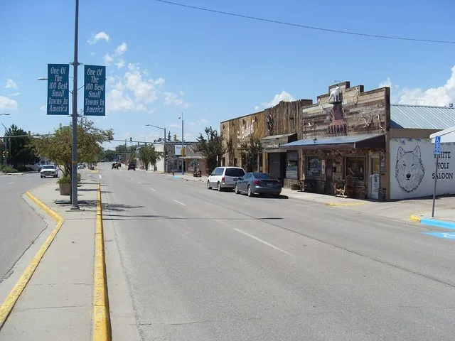 Center Street in Douglas Wy, view to the west, white wolf saloon on the right