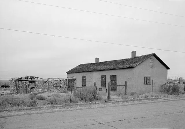 Front of the Granger Station , a former stagecoach station located along Old U.S. Route 30 in Granger , Wyoming , United States . Built in 1856, the station is listed on the Natio...
