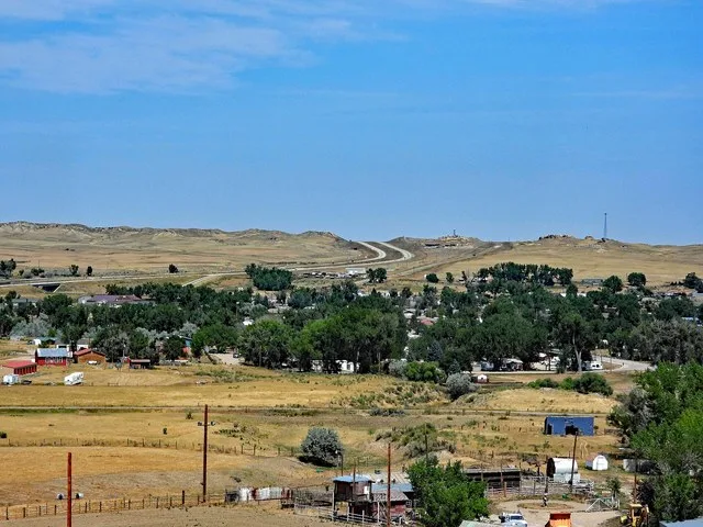 Looking North over Kaycee, Wy.. Interstate Highway 25 in the distance.