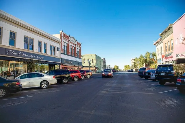 An image of historic downtown Laramie, Wyoming at sunset.