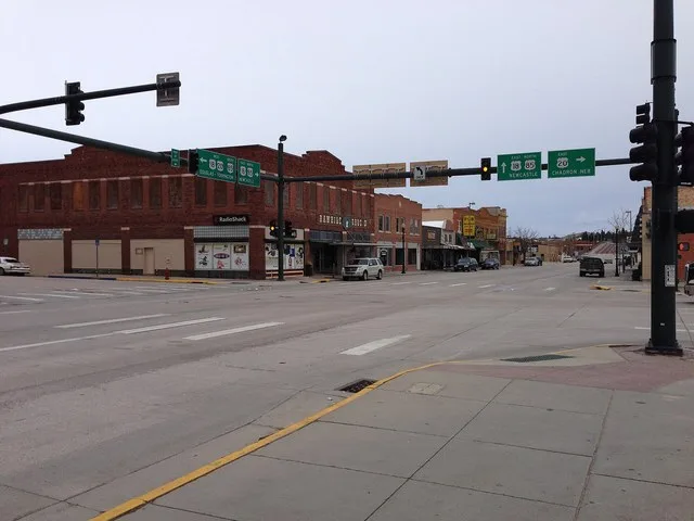 A main intersection in Lusk, Wyoming, a town in the eastern part of the state. This is the meeting of US highways 18, 20, and 85.